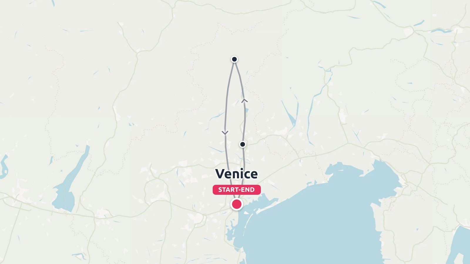 Travel route map starting and ending in Venice, showing a loop itinerary with northern waypoint stops.