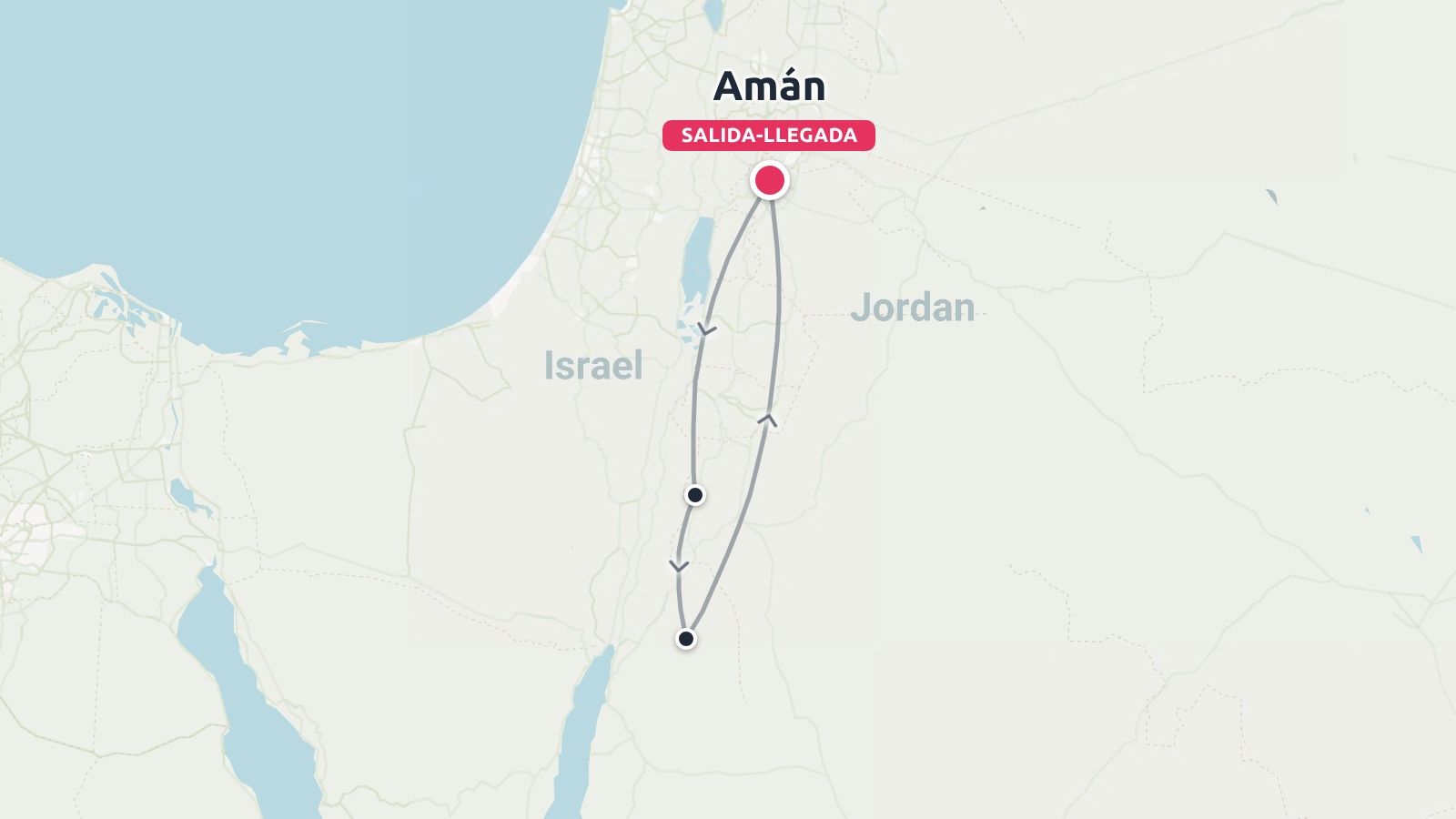 Mapa de ruta de viaje que muestra un itinerario de ida y vuelta que empieza y termina en Amán a través de Jordania, cerca de Israel.
