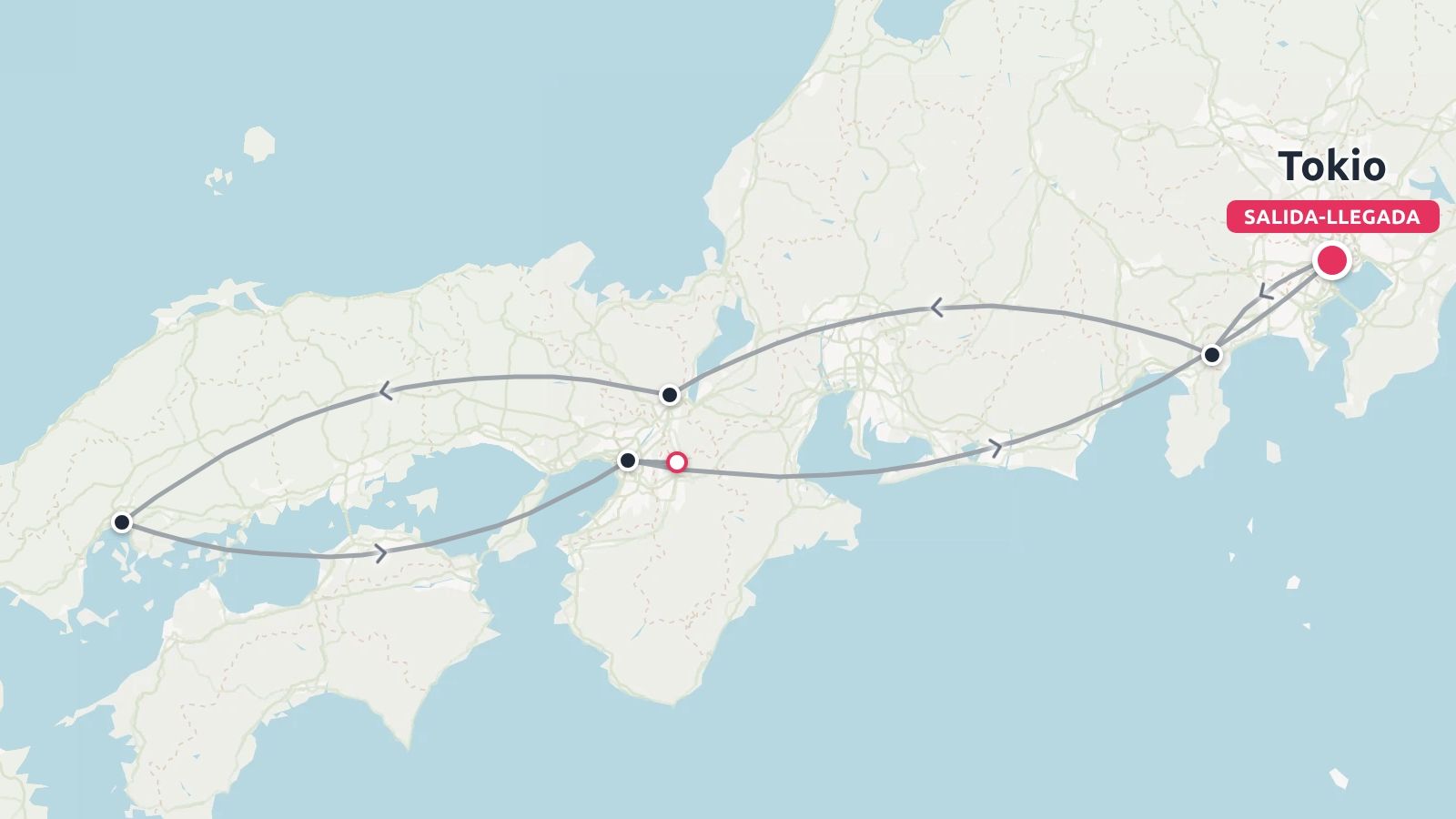 Mapa de la ruta de viaje de Japón que muestra un viaje de ida y vuelta que empieza y termina en Tokio.