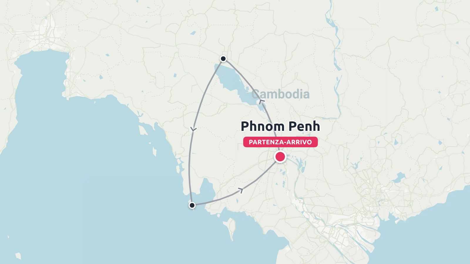 Mappa dell'itinerario di viaggio in Cambogia con un percorso triangolare con partenza e arrivo a Phnom Penh.