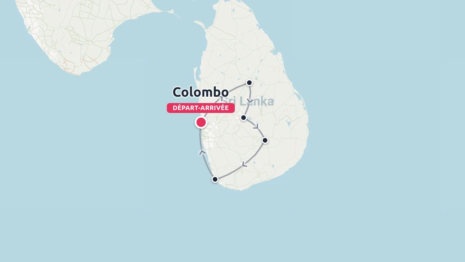 Carte de l'itinéraire de voyage au Sri Lanka indiquant les points de départ et d'arrivée au départ de Colombo.