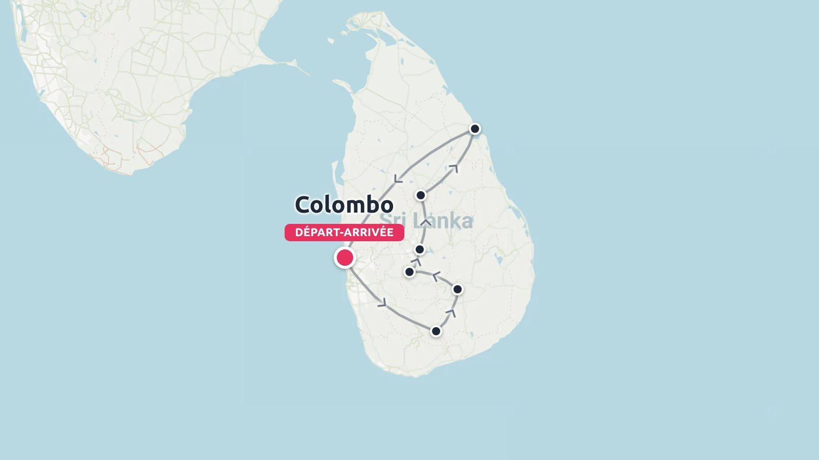 Un itineraire de voyage a travers le Sri Lanka avec un parcours circulaire au depart et a l arrivee a Colombo
