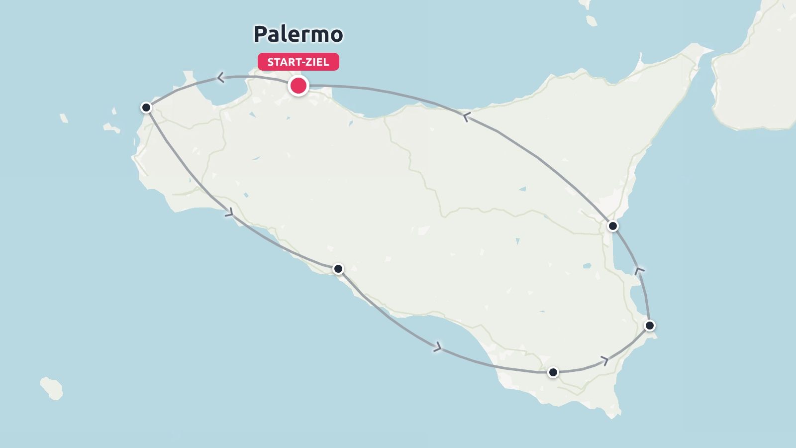 Eine Reiseroute durch Sizilien als Rundreise mit Start und Ziel in Palermo.
