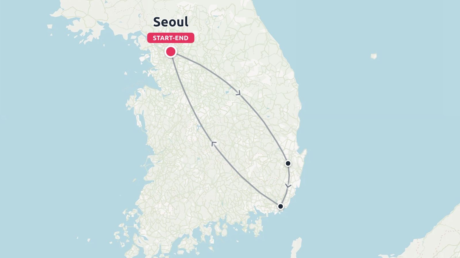 Travel route map of South Korea outlining a round-trip itinerary starting and ending in Seoul.