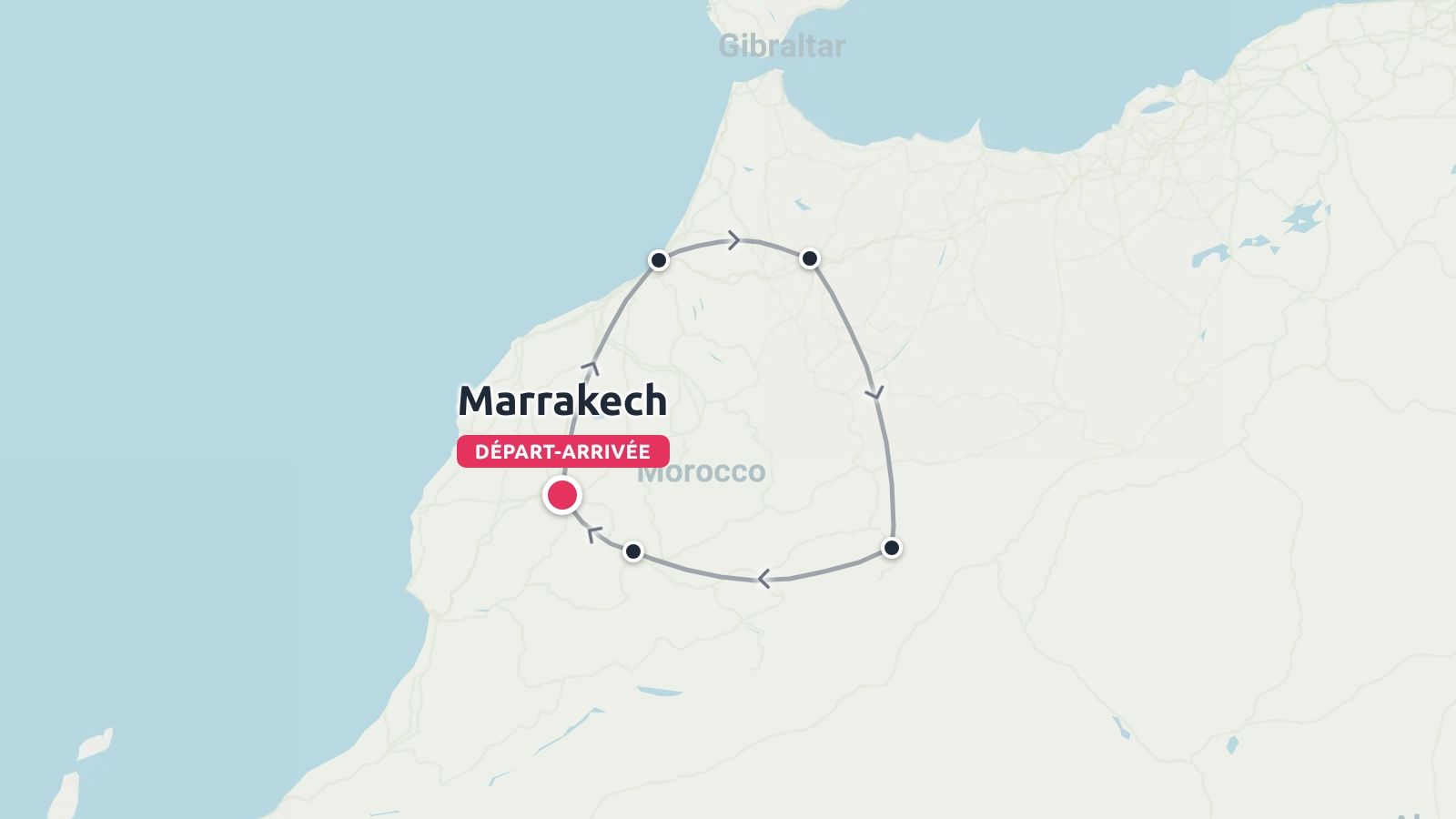 Carte d'itinéraire de voyage du Maroc montrant un circuit circulaire commençant et se terminant à Marrakech.