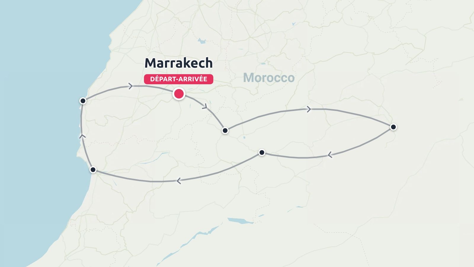 Carte de l'itinéraire de voyage au Maroc montrant un parcours en boucle commençant et se terminant à Marrakech avec plusieurs arrêts marqués le long du chemin