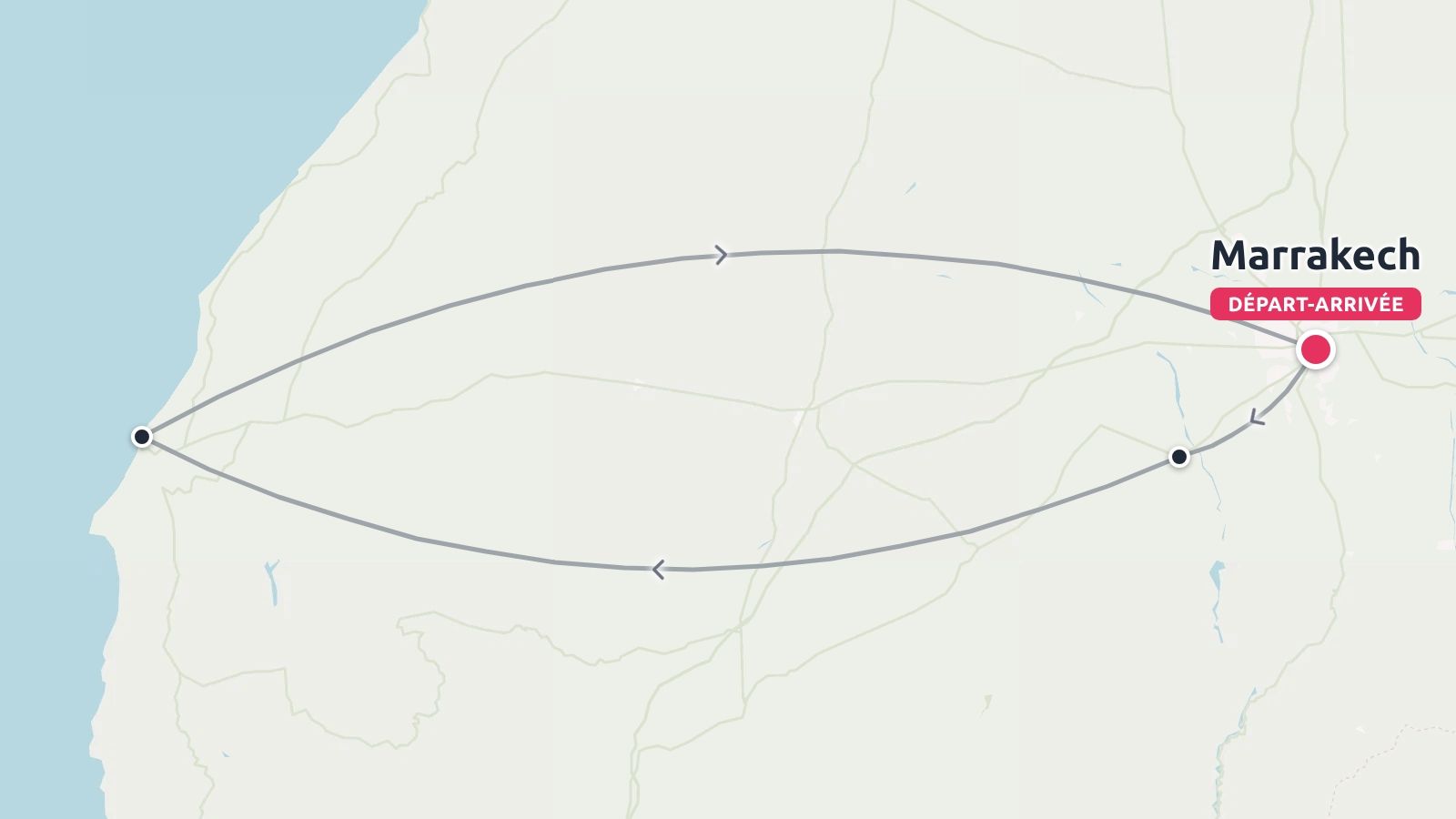 Une carte d'itinéraire de voyage montrant un trajet circulaire au départ et à l'arrivée de Marrakech, reliant la côte.
