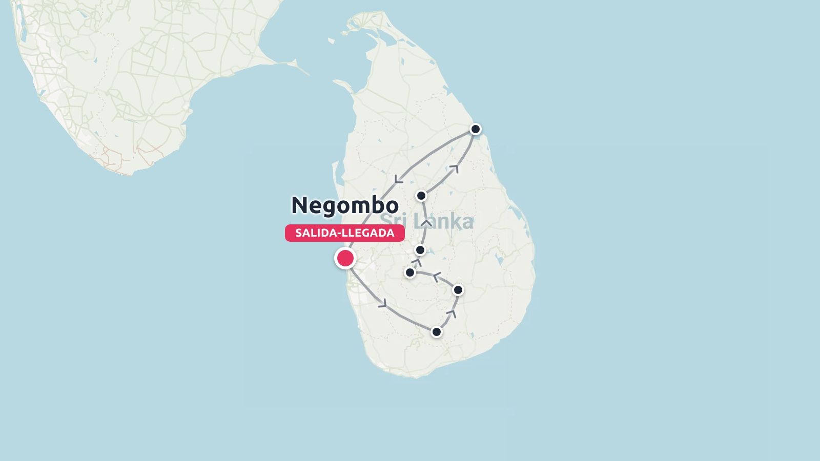 Un mapa de ruta de viaje de Sri Lanka que muestra un itinerario circular que comienza y termina en Negombo