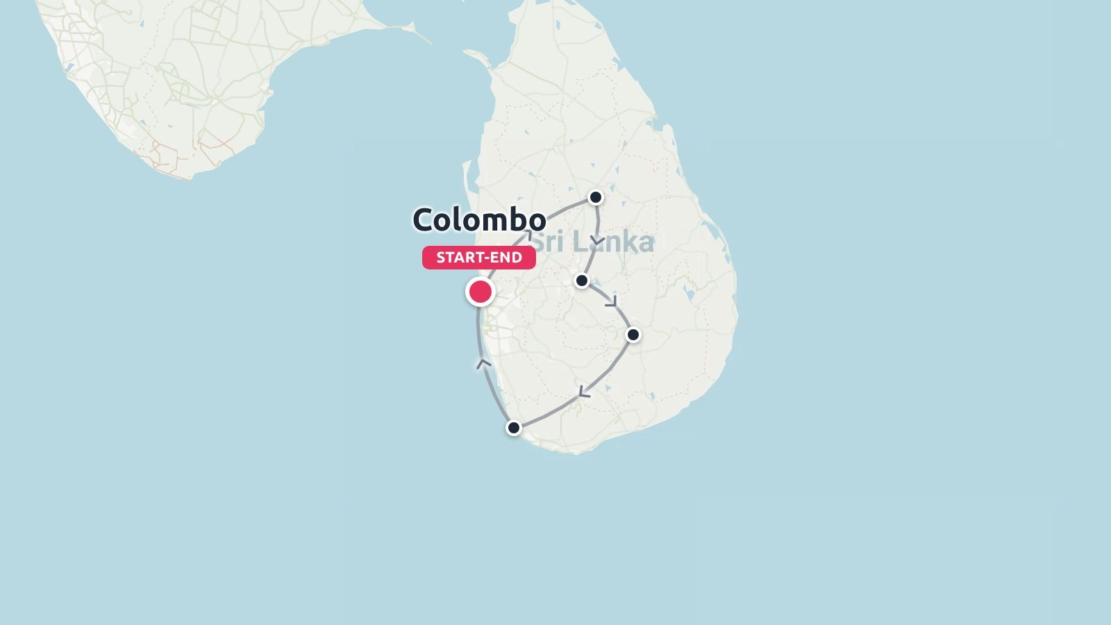 A travel itinerary route map of Sri Lanka featuring a circular loop starting and ending in Colombo.