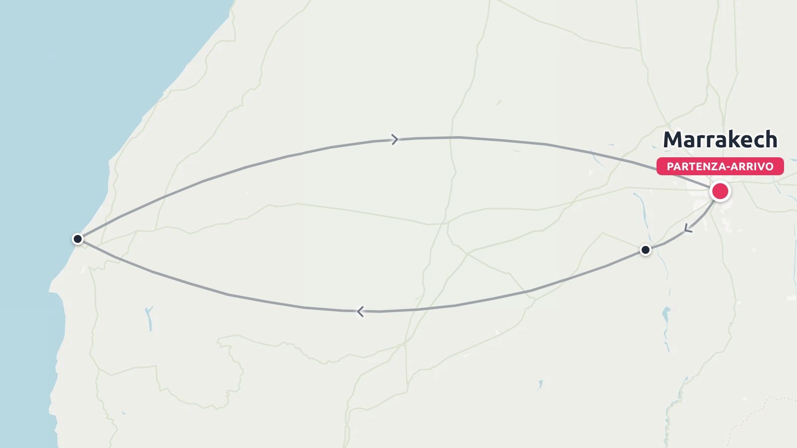 Un itinerario di viaggio con mappa che mostra un viaggio di andata e ritorno con partenza e arrivo a Marrakech, passando per la costa.