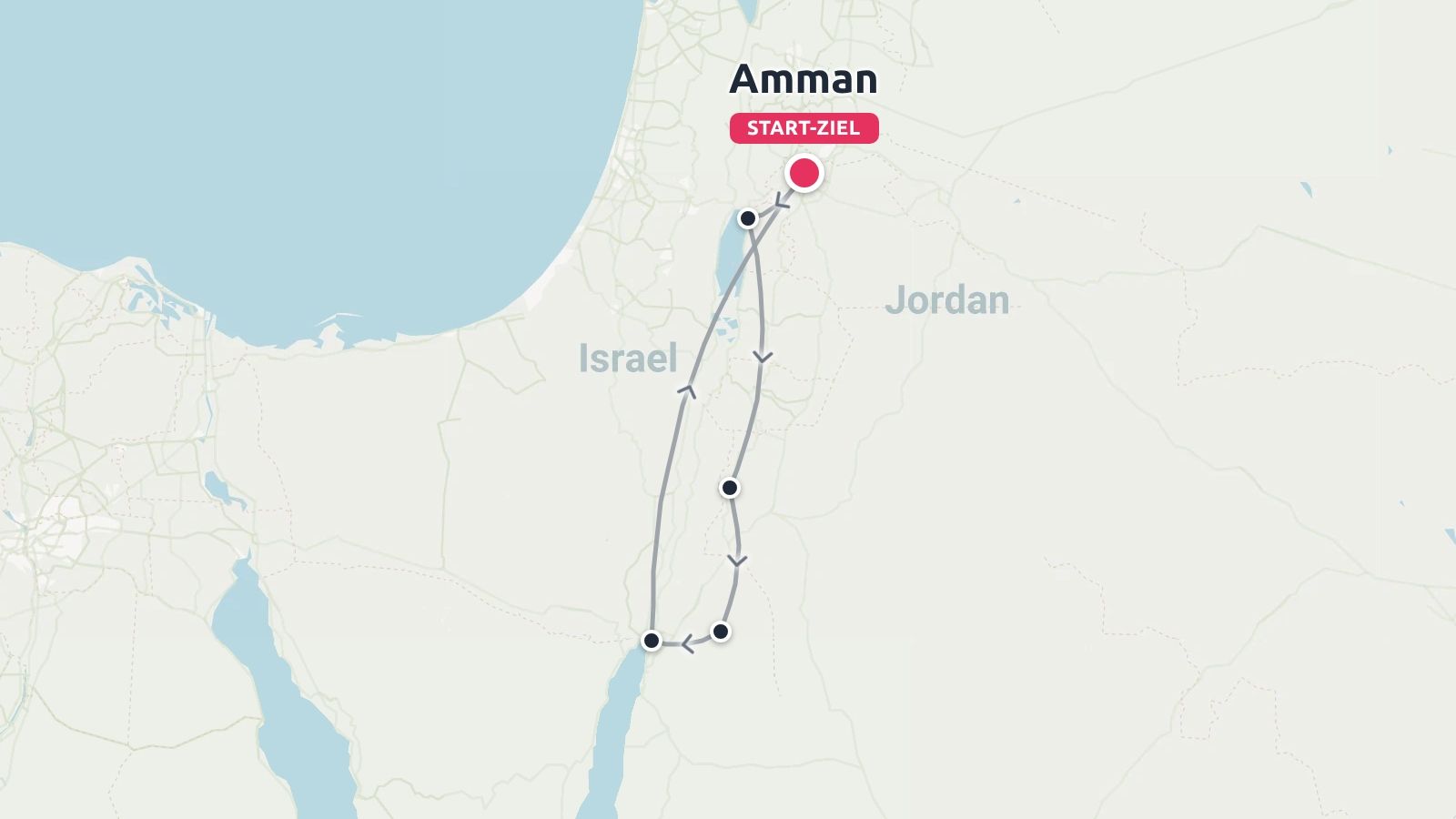 Reiseroute mit einer Rundreise, die in Amman beginnt und endet, quer durch Jordanien nahe Israel