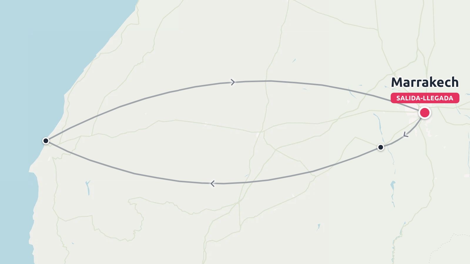 Mapa de ruta de viaje que muestra un circuito de ida y vuelta que empieza y termina en Marrakech hacia la costa atlántica.