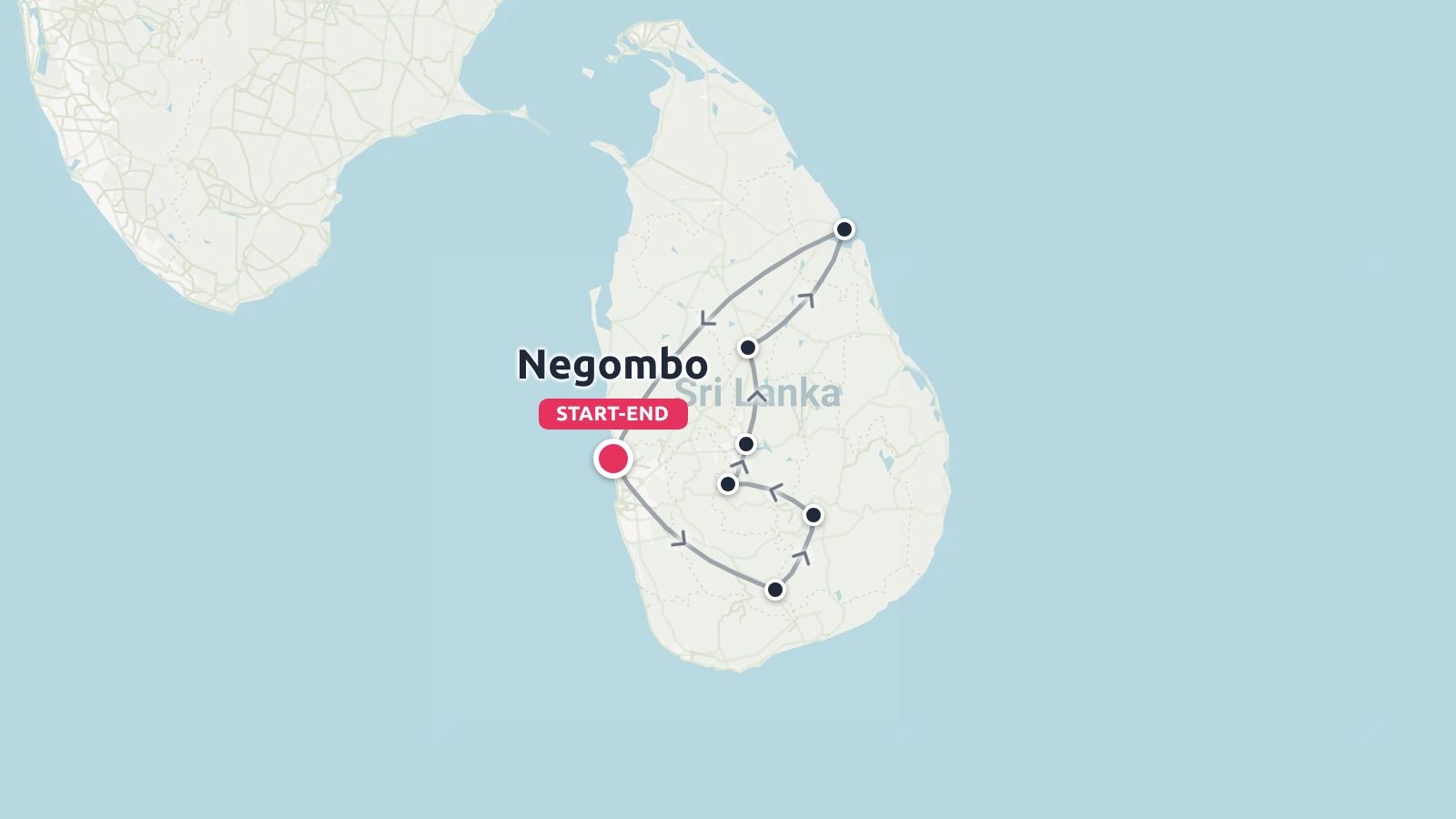 A travel route map of Sri Lanka showing a loop itinerary starting and ending in Negombo.