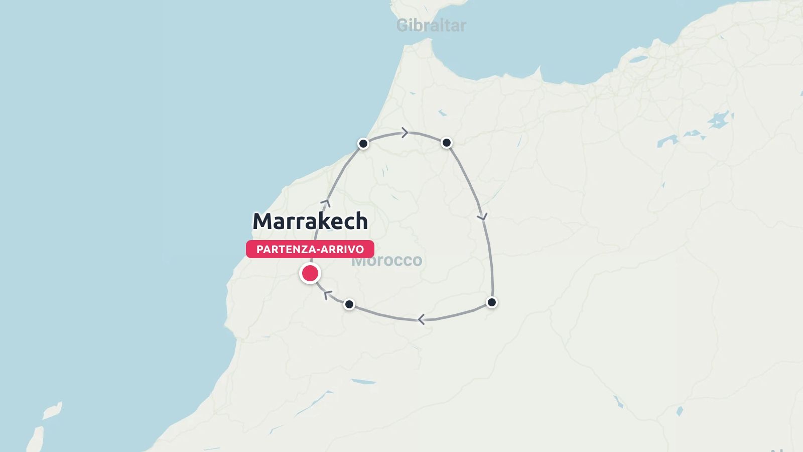 Una mappa dell'itinerario di viaggio in Marocco che mostra un percorso circolare con partenza e arrivo a Marrakech