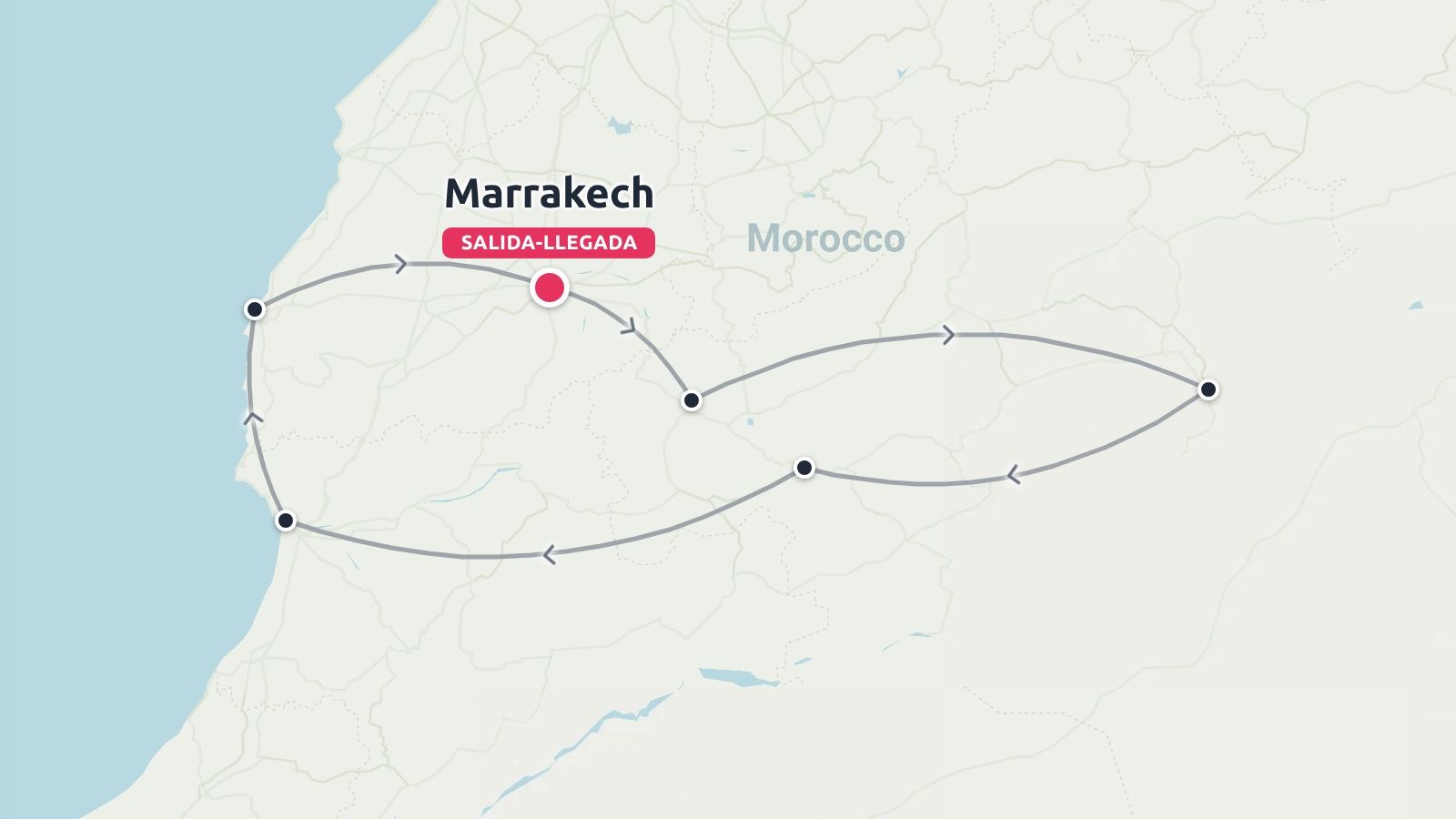 Un mapa de la ruta de viaje por Marruecos que muestra un itinerario circular con salida y llegada en Marrakech.