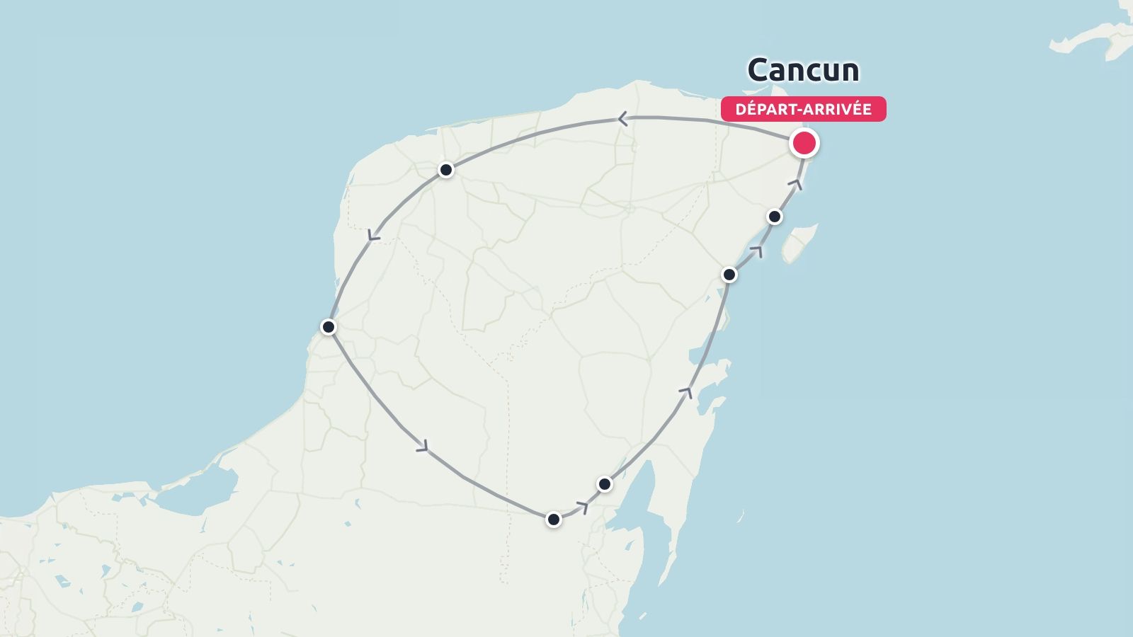Carte de voyage montrant un itinéraire de road trip circulaire autour de la péninsule du Yucatán, avec un départ et une arrivée à Cancun.