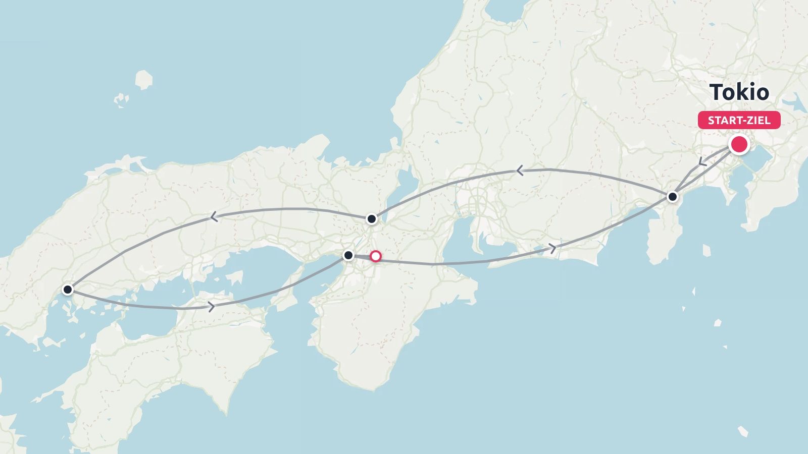 Reiseroute durch Japan als Rundweg mit Start und Ziel in Tokio.