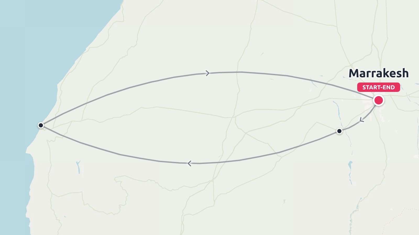 A travel route map showing an elliptical loop starting and ending in Marrakesh and reaching the coast.