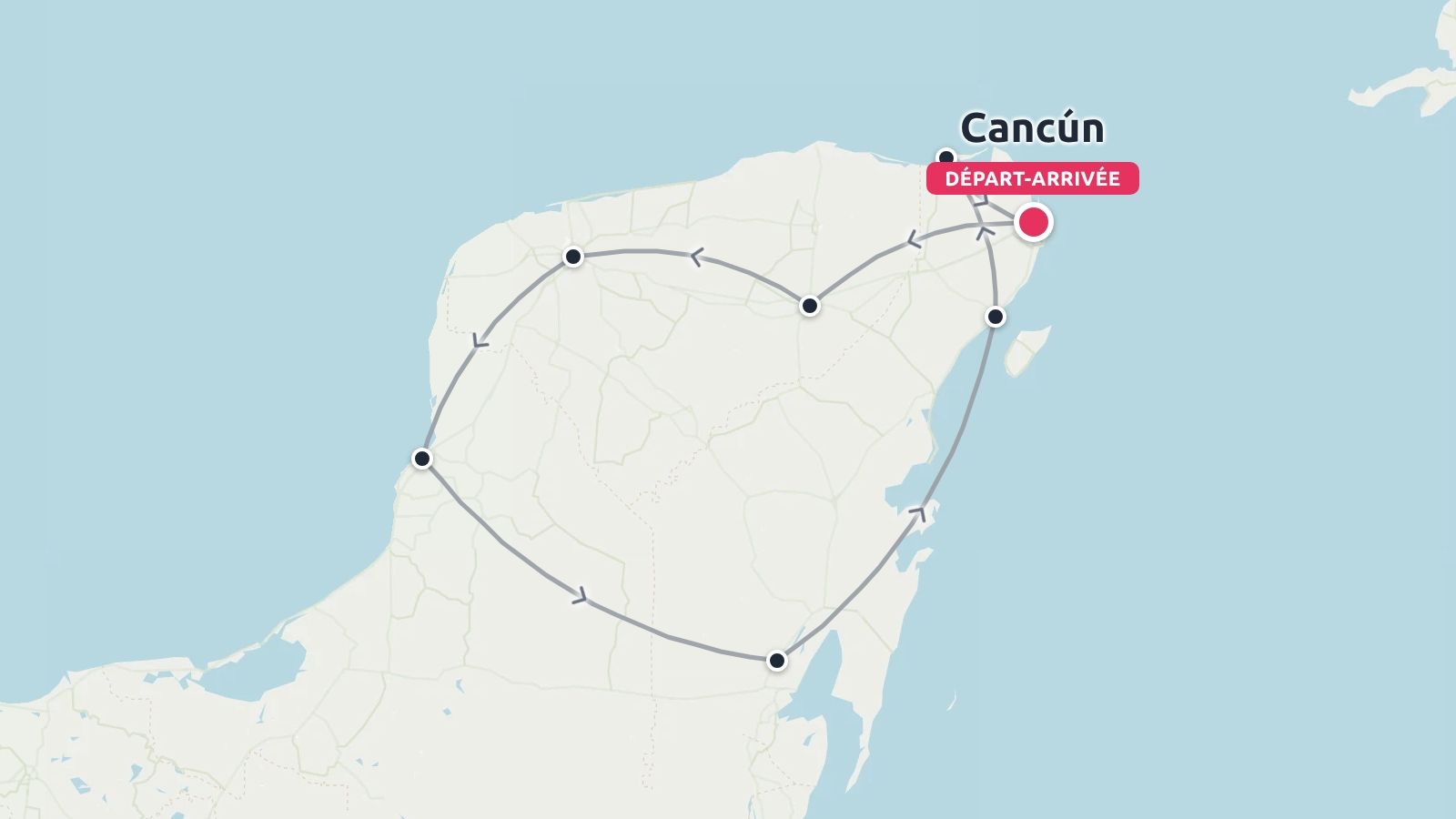 Carte de l'itinéraire de voyage montrant un parcours circulaire autour de la péninsule du Yucatán au départ et à l'arrivée de Cancún.