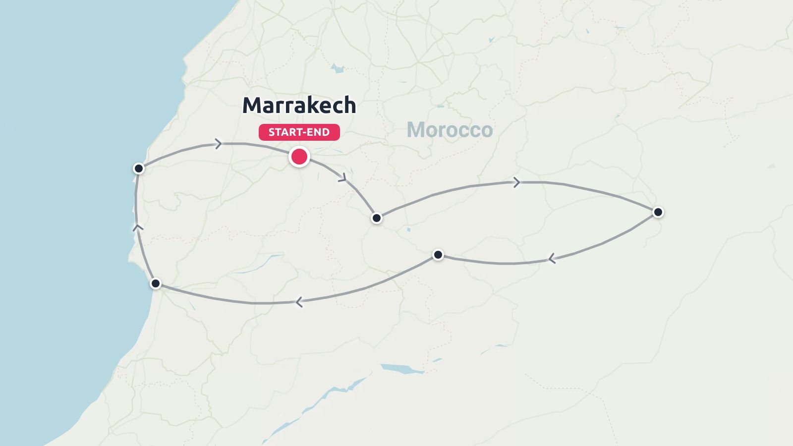 A travel route map of Morocco displaying a circular itinerary with start and end points in Marrakech.