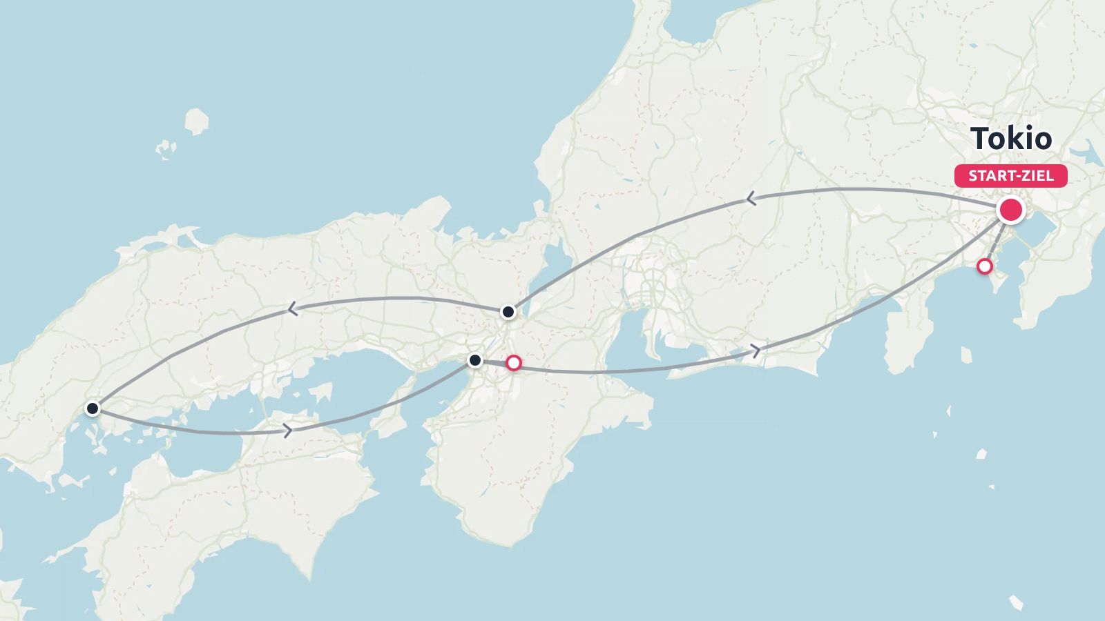 Reiseroute durch Japan mit einer rundreisenden Reiseroute mit Start- und Zielpunkt in Tokio