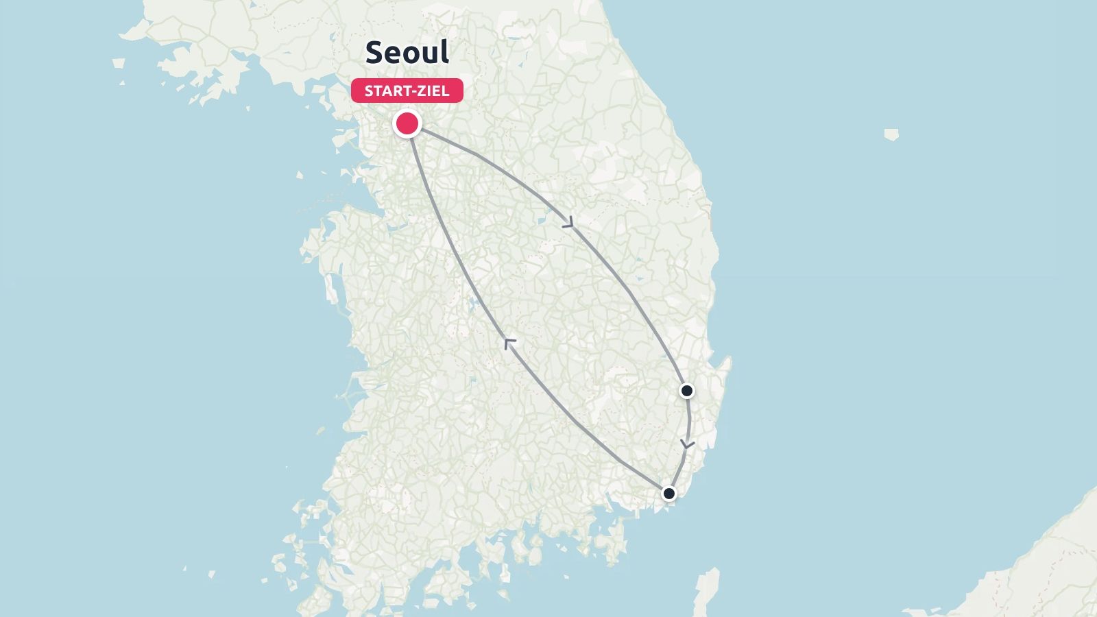 Eine Reiseroute durch Südkorea mit Seoul als Start- und Endpunkt, verbunden durch gerichtete Routenlinien.