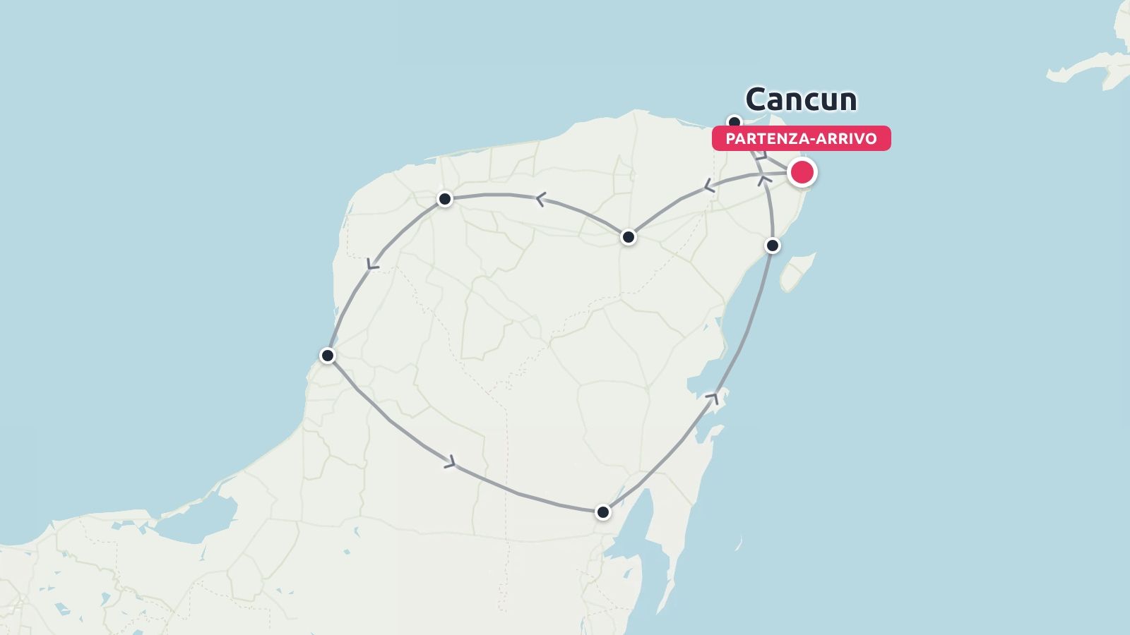 Mappa dell'itinerario di viaggio della penisola dello Yucatán con un percorso circolare con partenza e arrivo a Cancun.