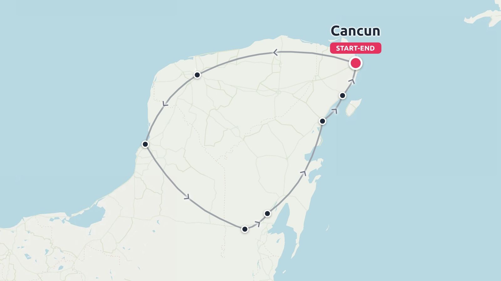 A travel route map showing a circular itinerary starting and ending in Cancun across the Yucatan Peninsula.