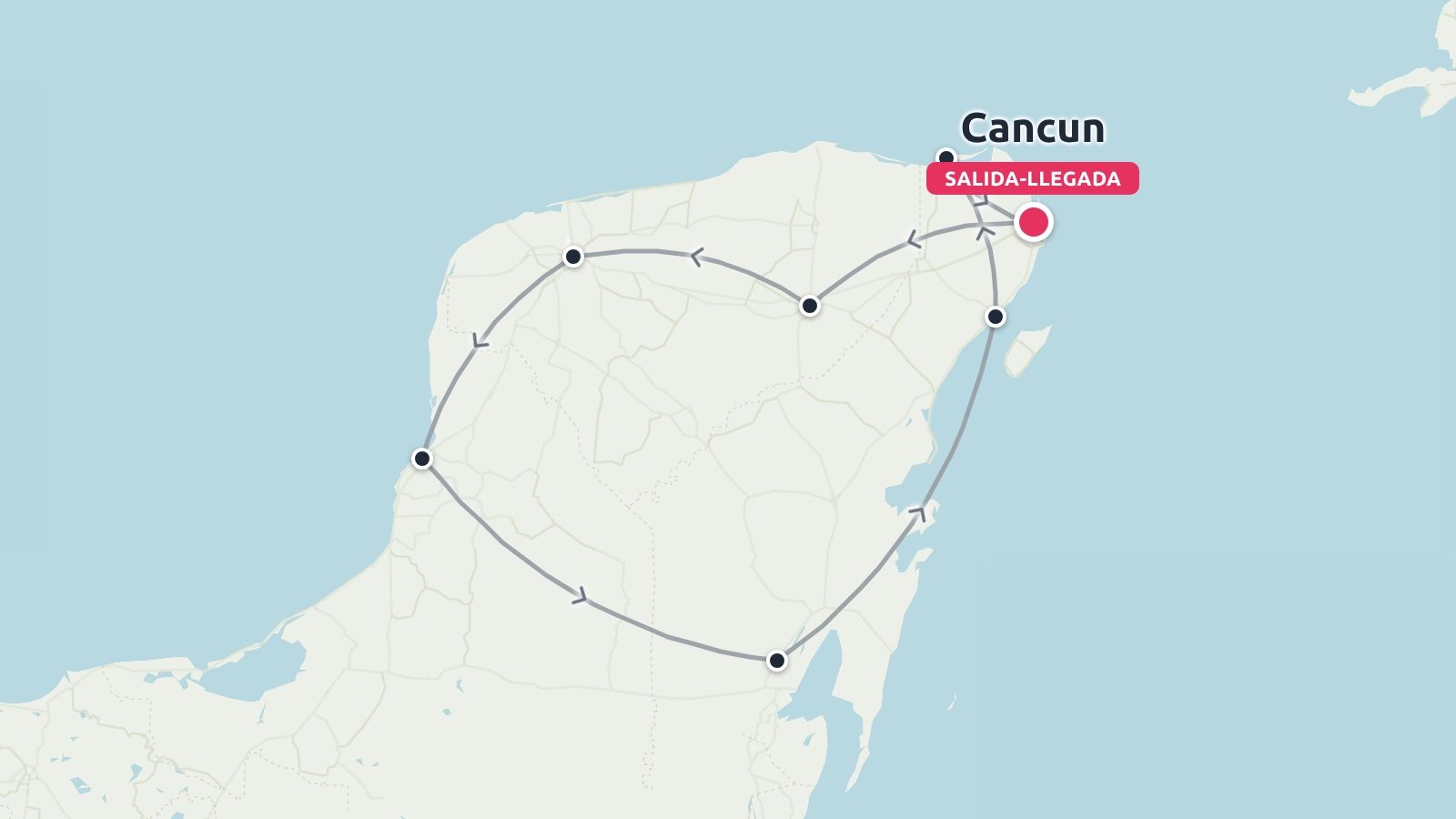 Mapa de ruta de viaje de la península de Yucatán que muestra un itinerario circular que comienza y termina en Cancún.