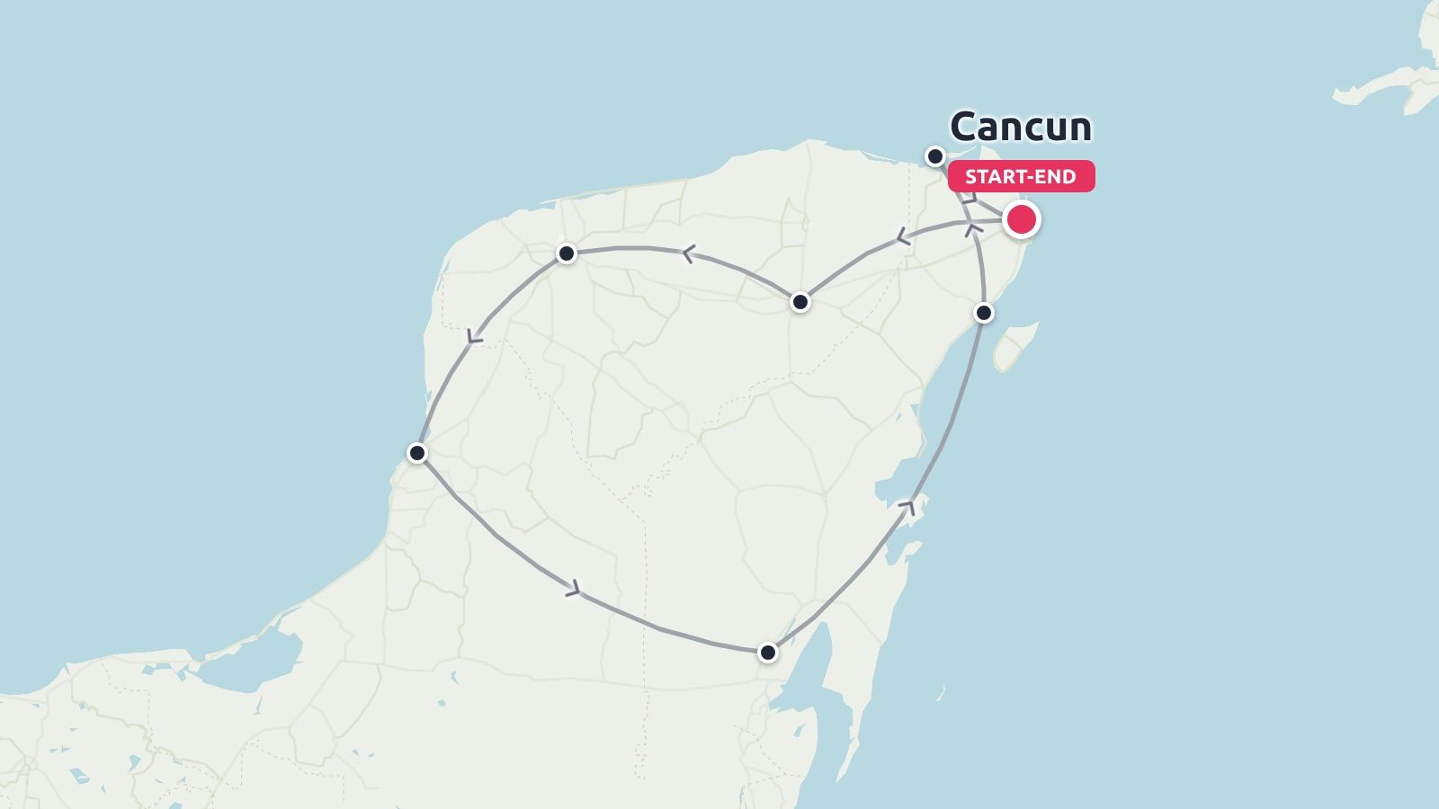 Travel route map of the Yucatan Peninsula showing a circular itinerary starting and ending in Cancun.