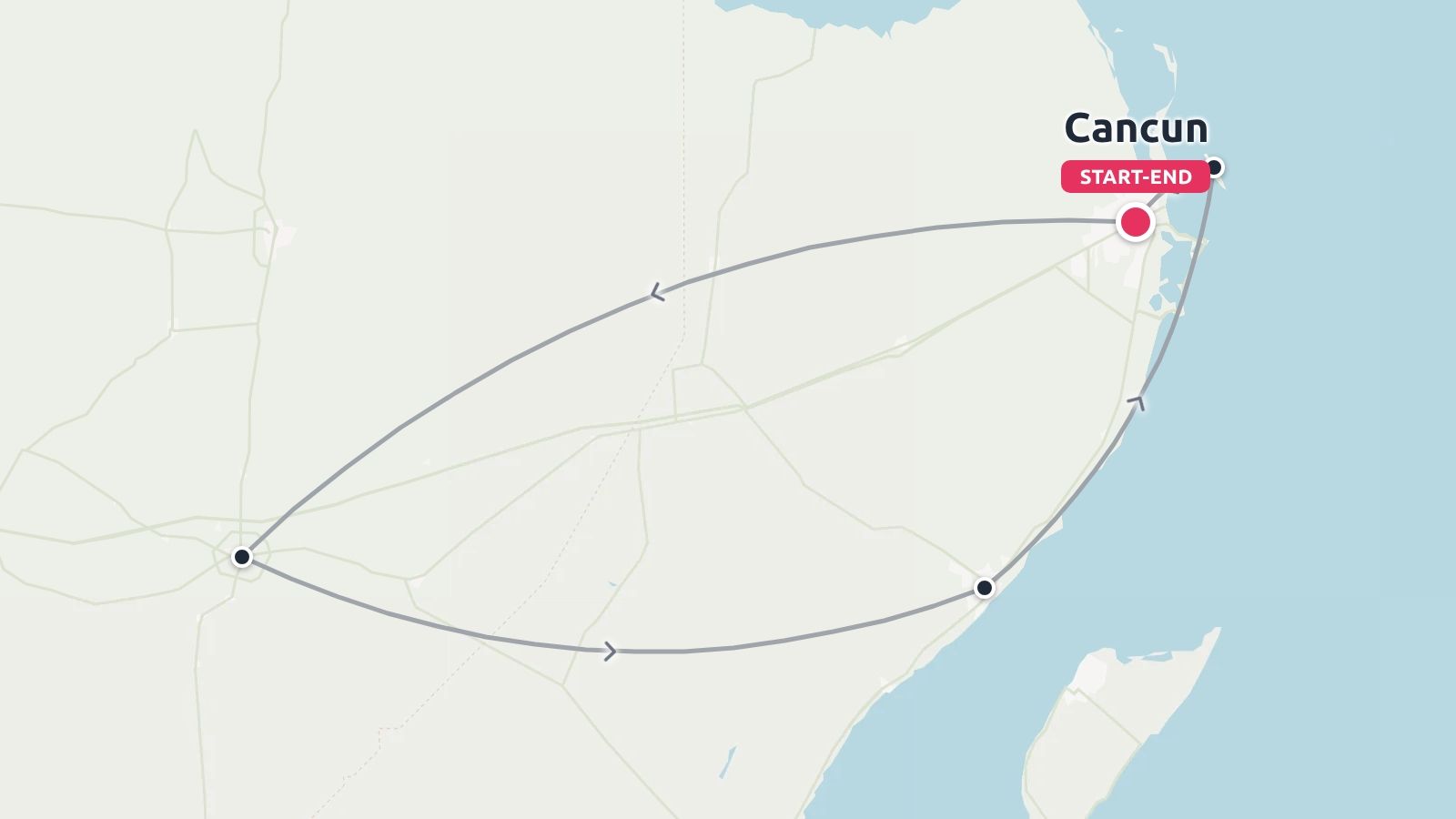 A travel route map showing a circular itinerary starting and ending in Cancun.