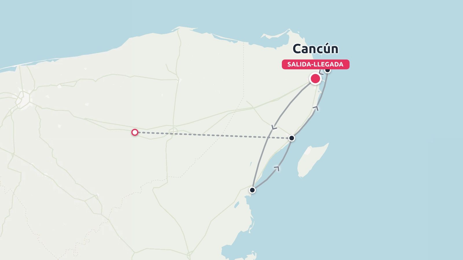 Mapa de viaje de la Península de Yucatán que muestra una ruta de ida y vuelta que empieza y termina en Cancún a lo largo de la costa.