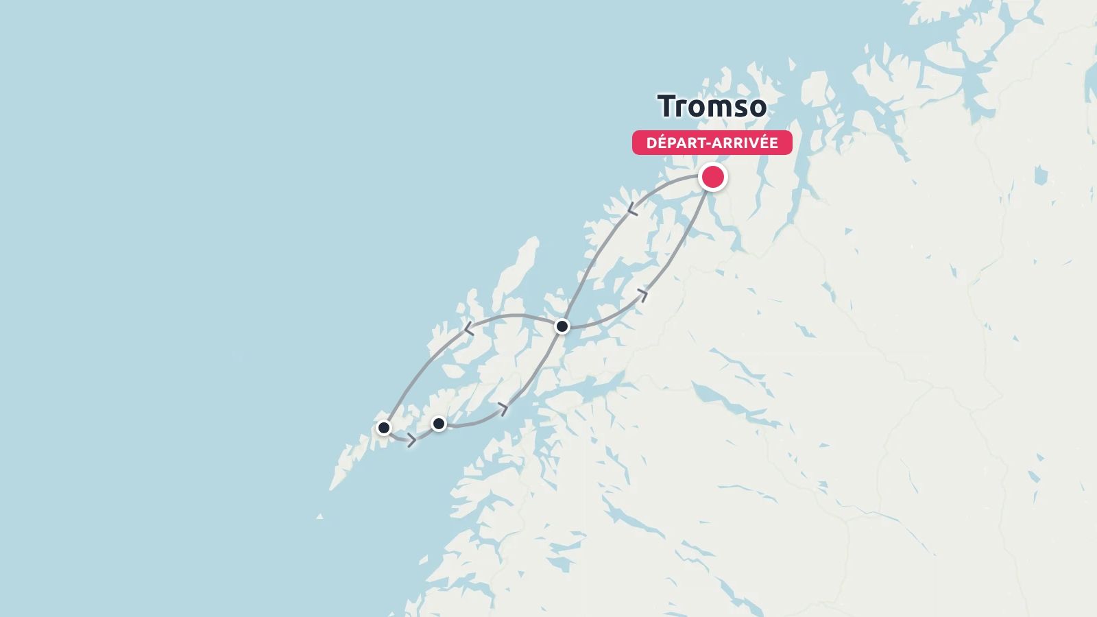 Une carte d'itinéraire de voyage affichant un parcours circulaire commençant et se terminant à Tromso, en Norvège.