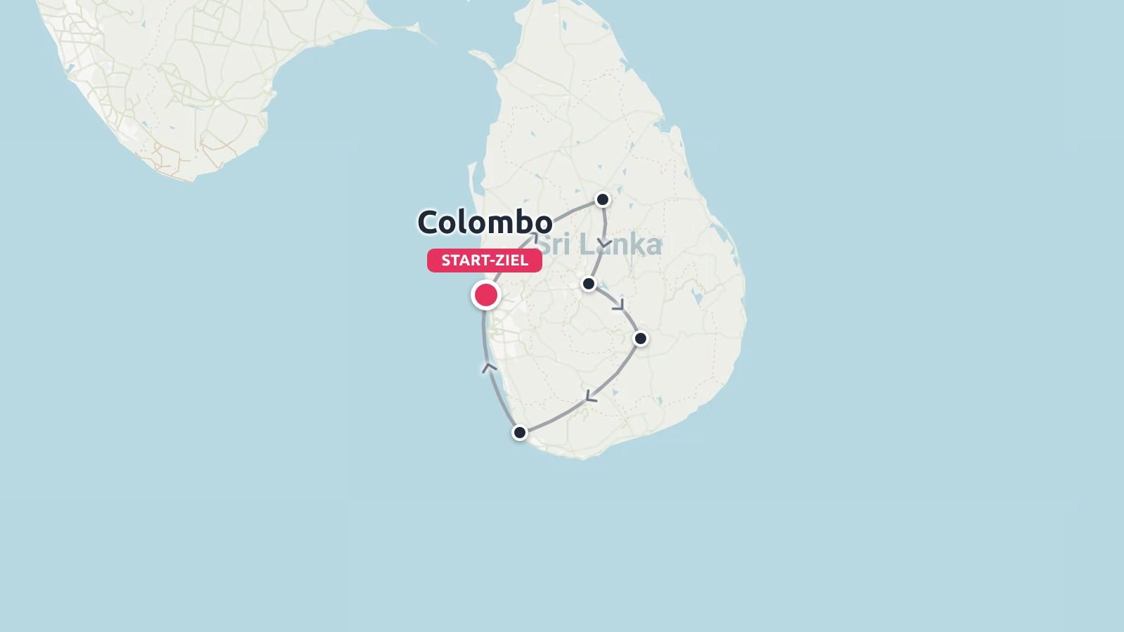 Eine Reiseroute für Sri Lanka, die eine Rundreise mit Start und Ende in Colombo zeigt.