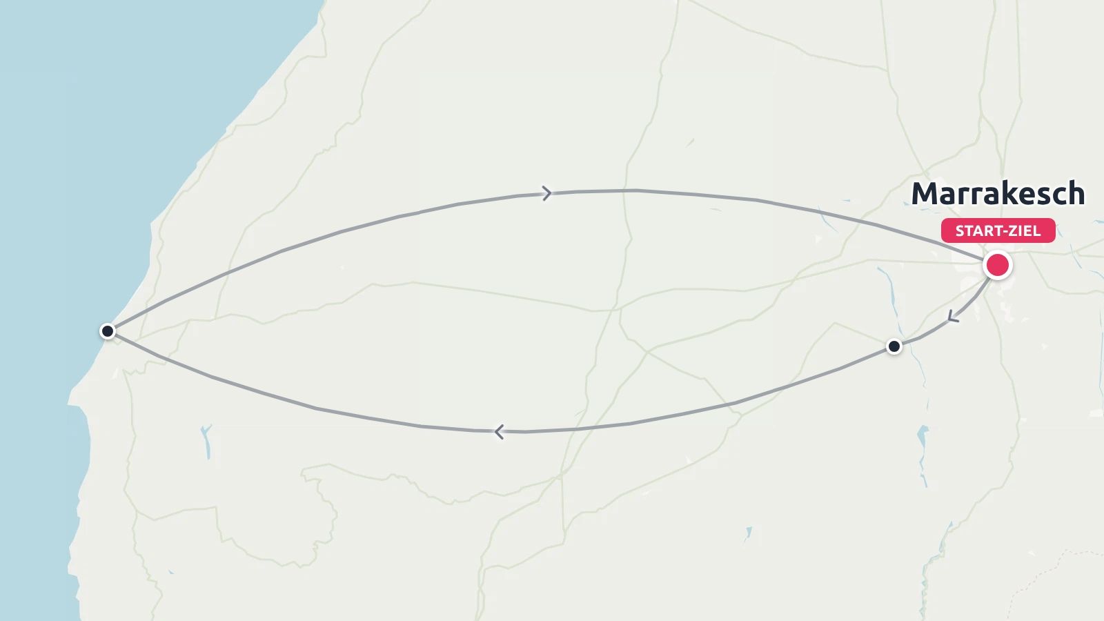 Eine Reisekarte mit einer Rundreise, die in Marrakesch beginnt und endet und bis an die Küste reicht.