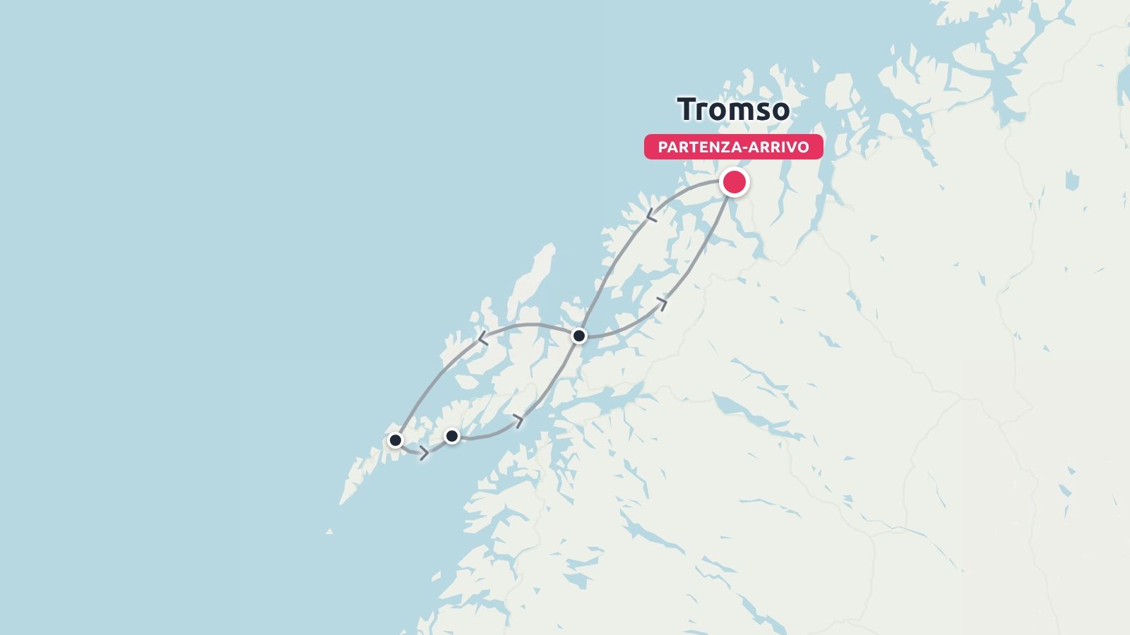 Mappa di viaggio che mostra un itinerario di andata e ritorno lungo i fiordi costieri con partenza e arrivo a Tromsø.
