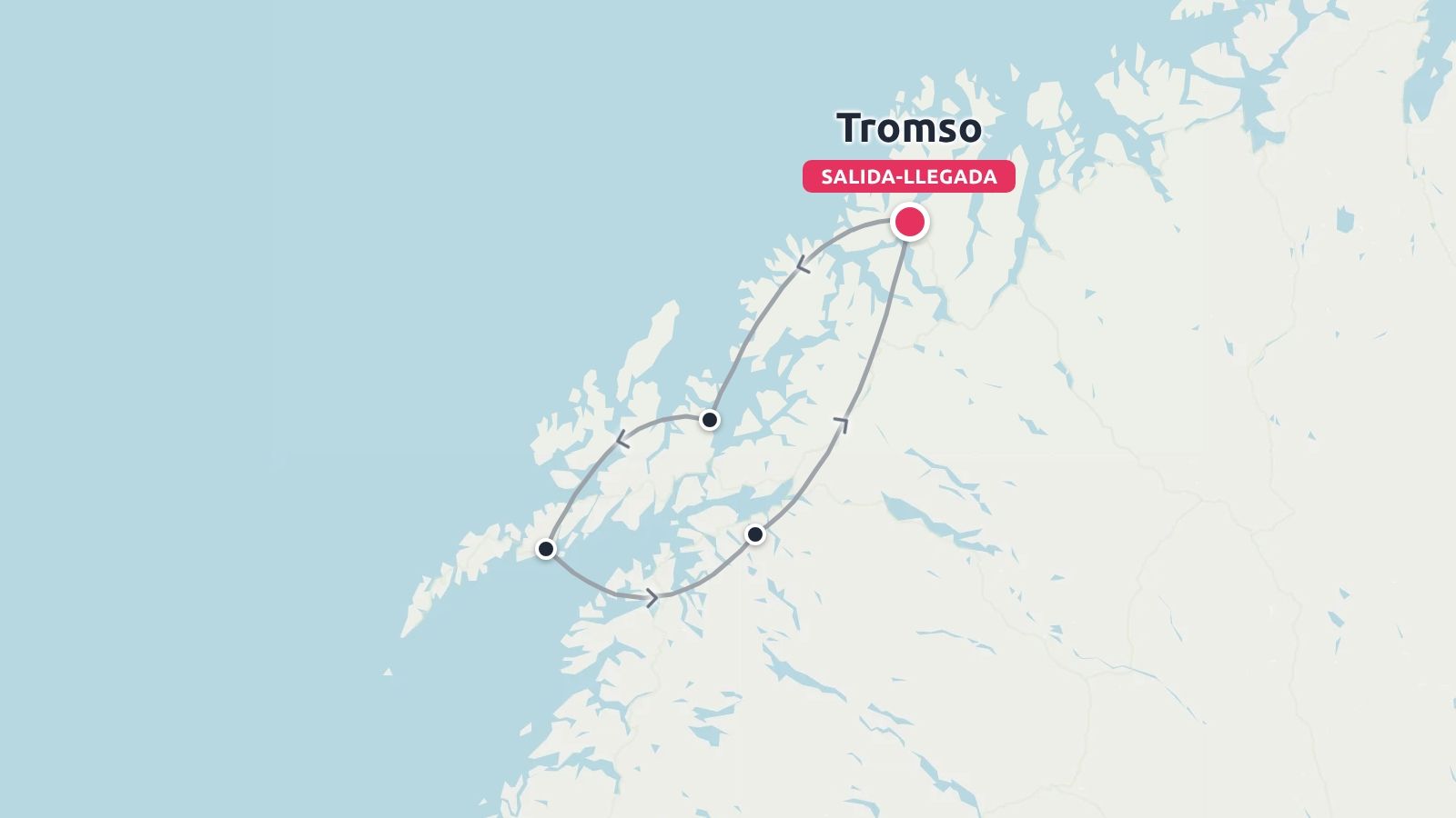 Un mapa de itinerario de viaje que muestra una ruta circular que comienza y termina en Tromso