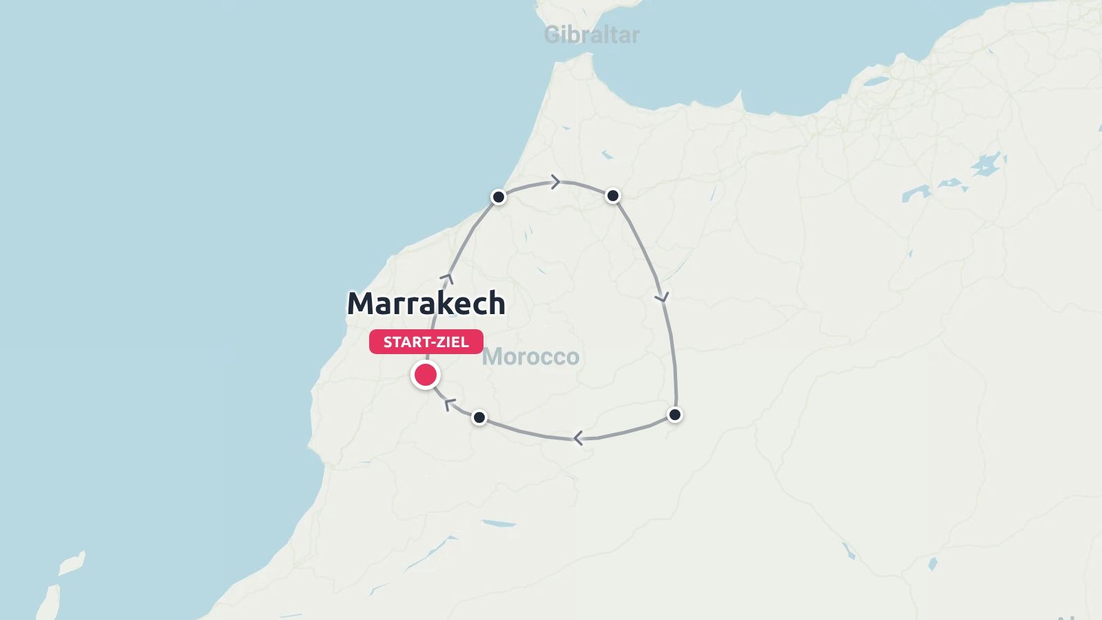 Reiseroute von Marokko mit einer Rundreise, die in Marrakesch beginnt und endet.