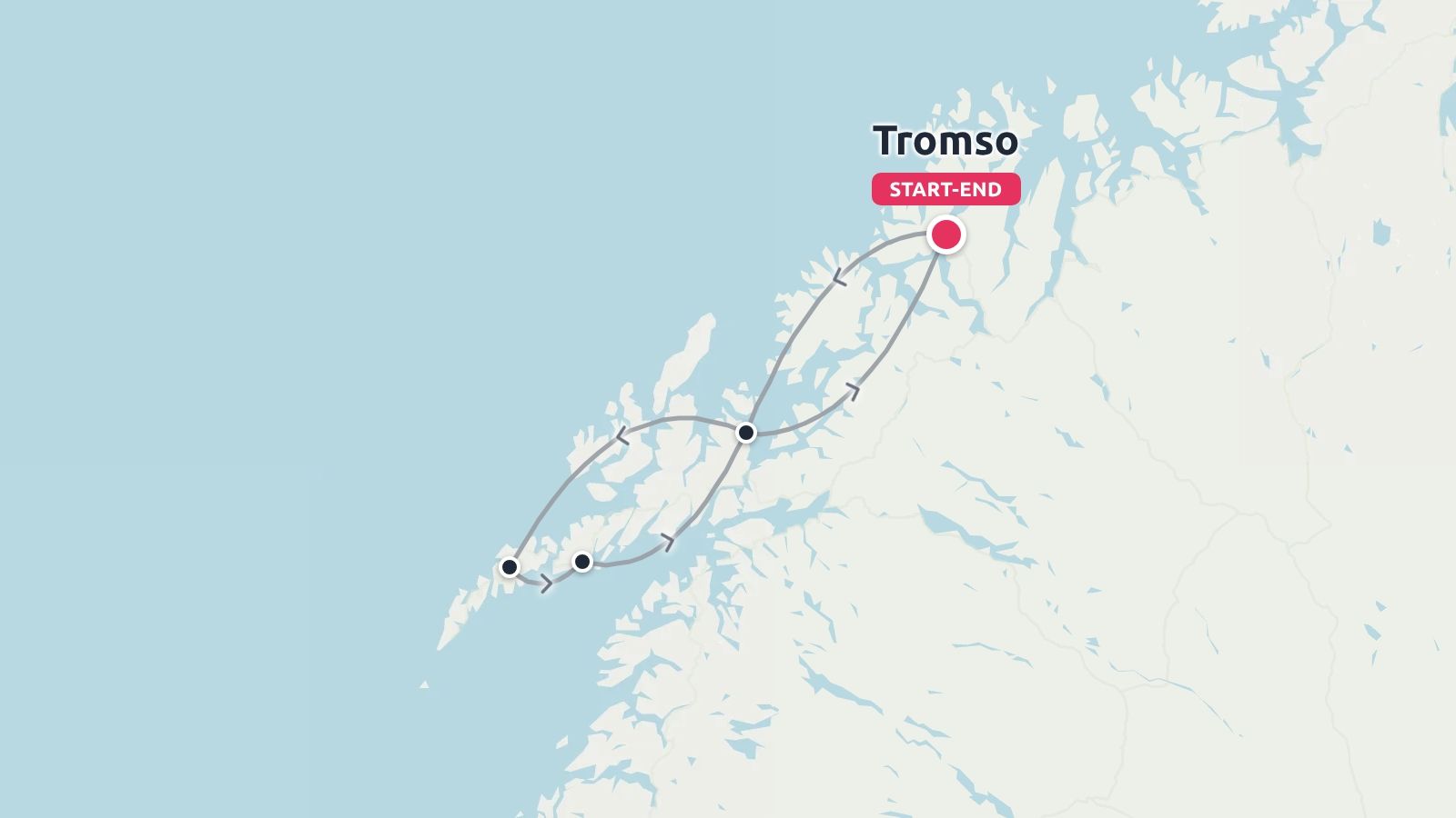 A travel route map showing a looped itinerary along coastal islands, starting and ending in Tromso.
