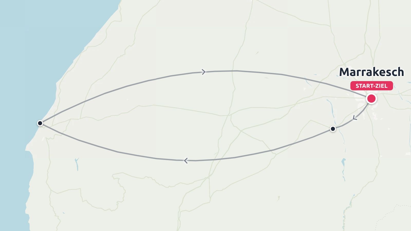 Reisekarte mit einer Rundstrecke, die in Marrakesch beginnt und endet und die Küste erreicht