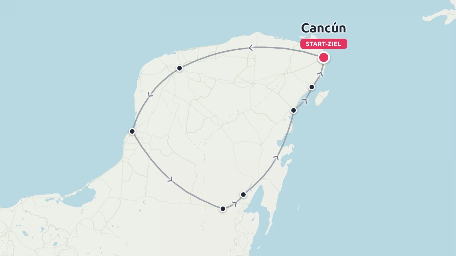Eine Reiseroute, die als Schleife über die Yucatán-Halbinsel führt und in Cancún beginnt und endet.