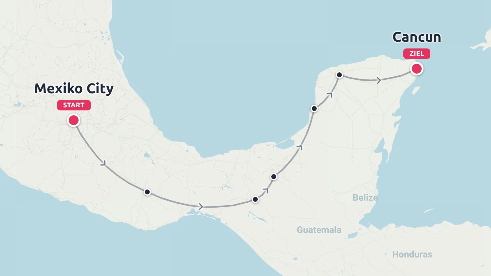 Eine Reiseroute durch Mexiko, die in Mexiko-Stadt beginnt und über verschiedene Zwischenstopps nach Cancun führt.