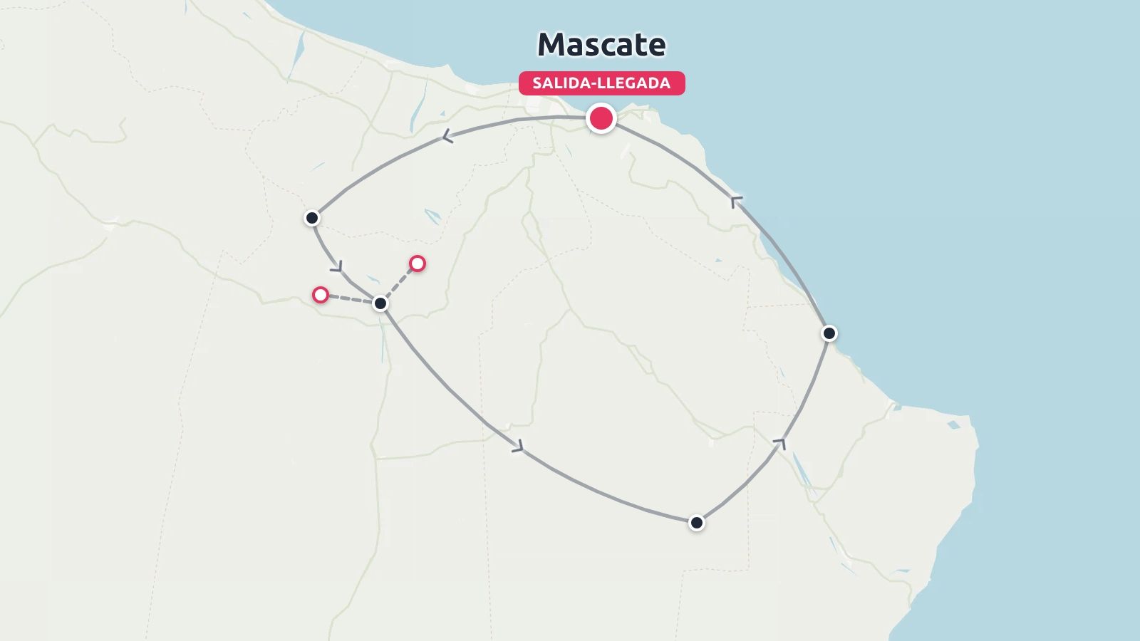 Un mapa de ruta de viaje que muestra un itinerario circular con puntos de parada que comienzan y terminan en Mascate.