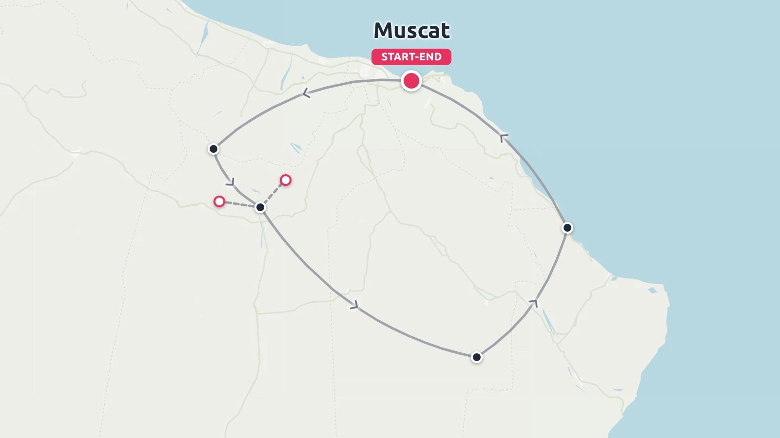 A travel route map showing a circular itinerary starting and ending in Muscat with multiple waypoint stops.