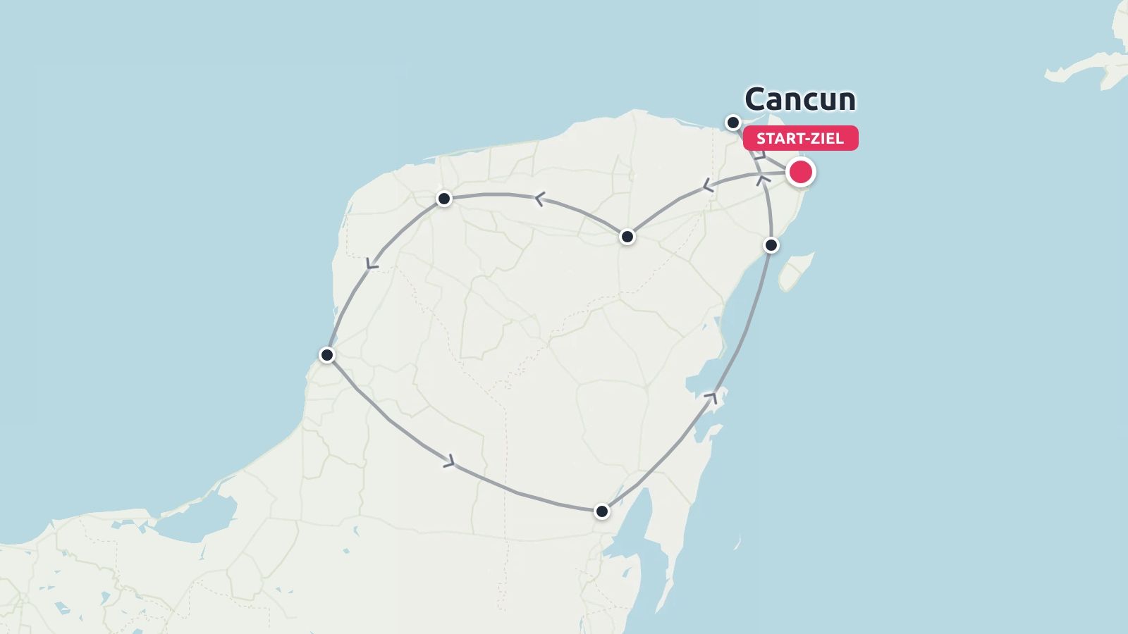 Eine Reiseroute über die Halbinsel Yucatán mit Start und Ziel in Cancun.