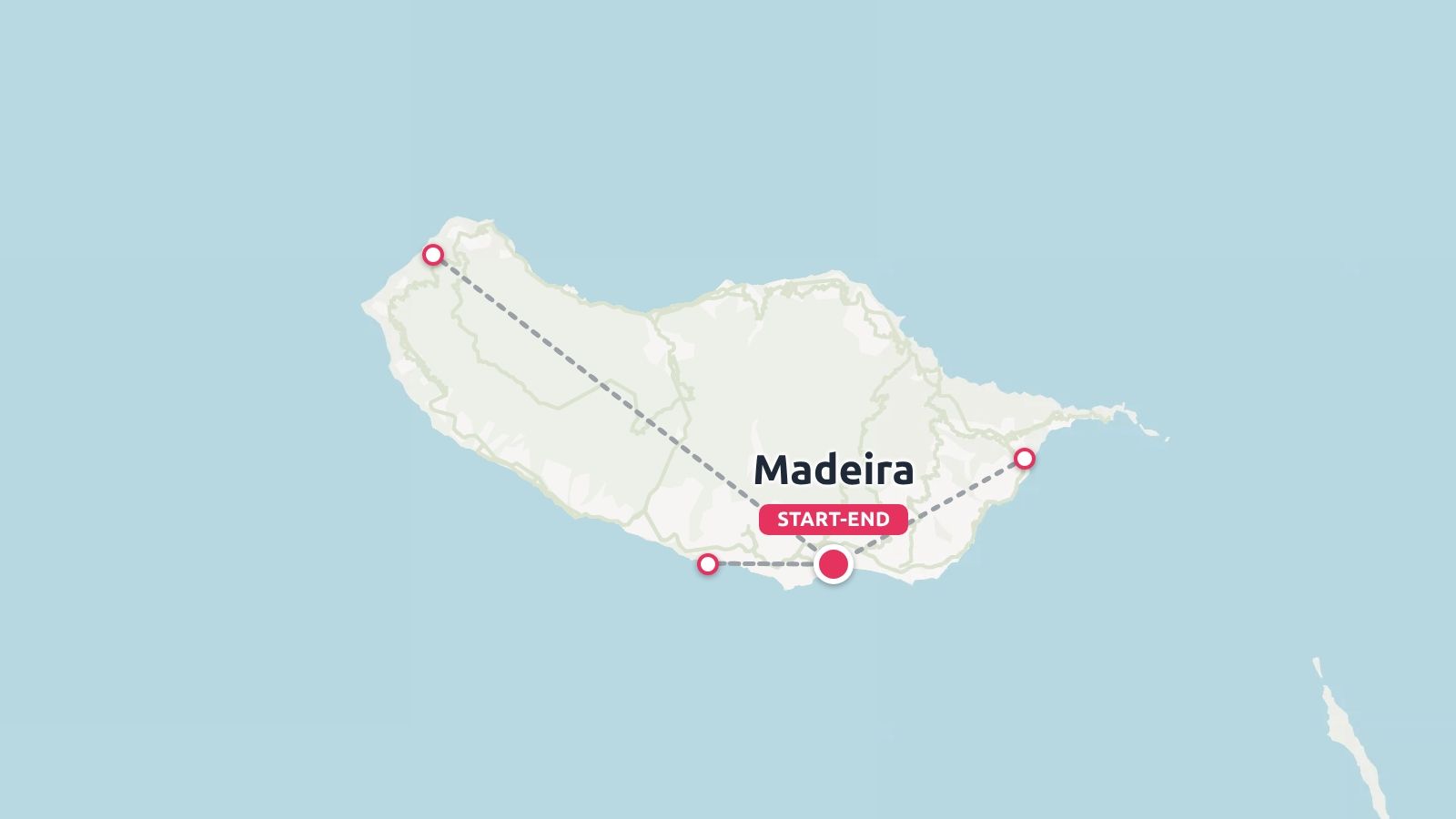 A travel route map of Madeira island outlining a circular journey with marked stops and a start-end point.