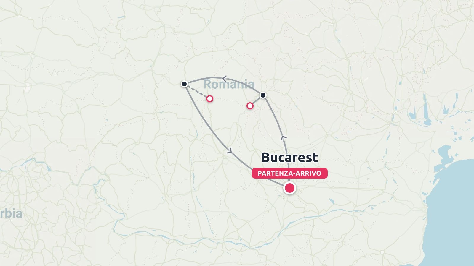 Una mappa dell'itinerario di viaggio in Romania che mostra un percorso ad anello con partenza e arrivo a Bucarest