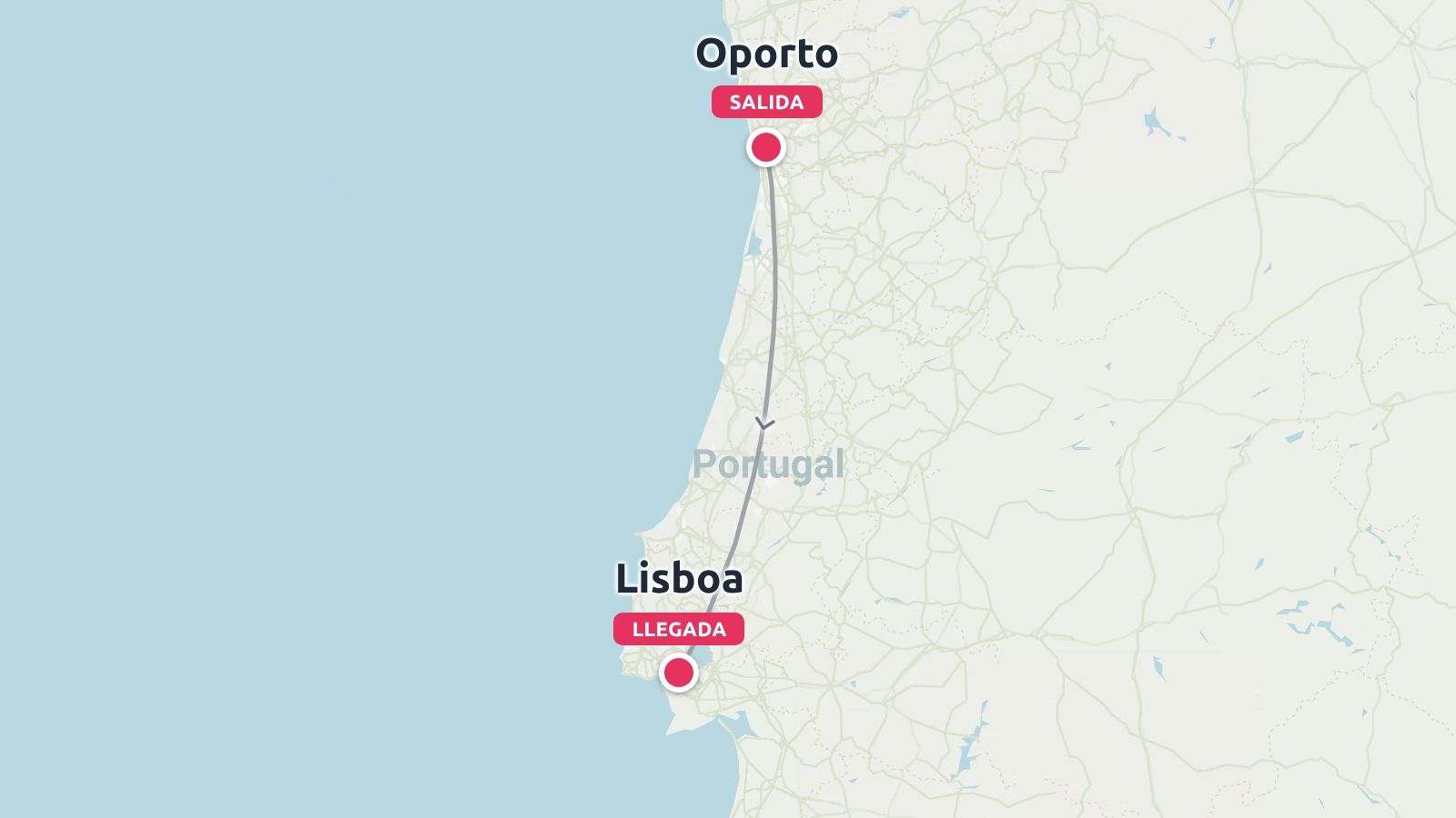 Un mapa de Portugal que muestra una ruta de viaje que conecta Oporto en la salida hasta Lisboa en la llegada.