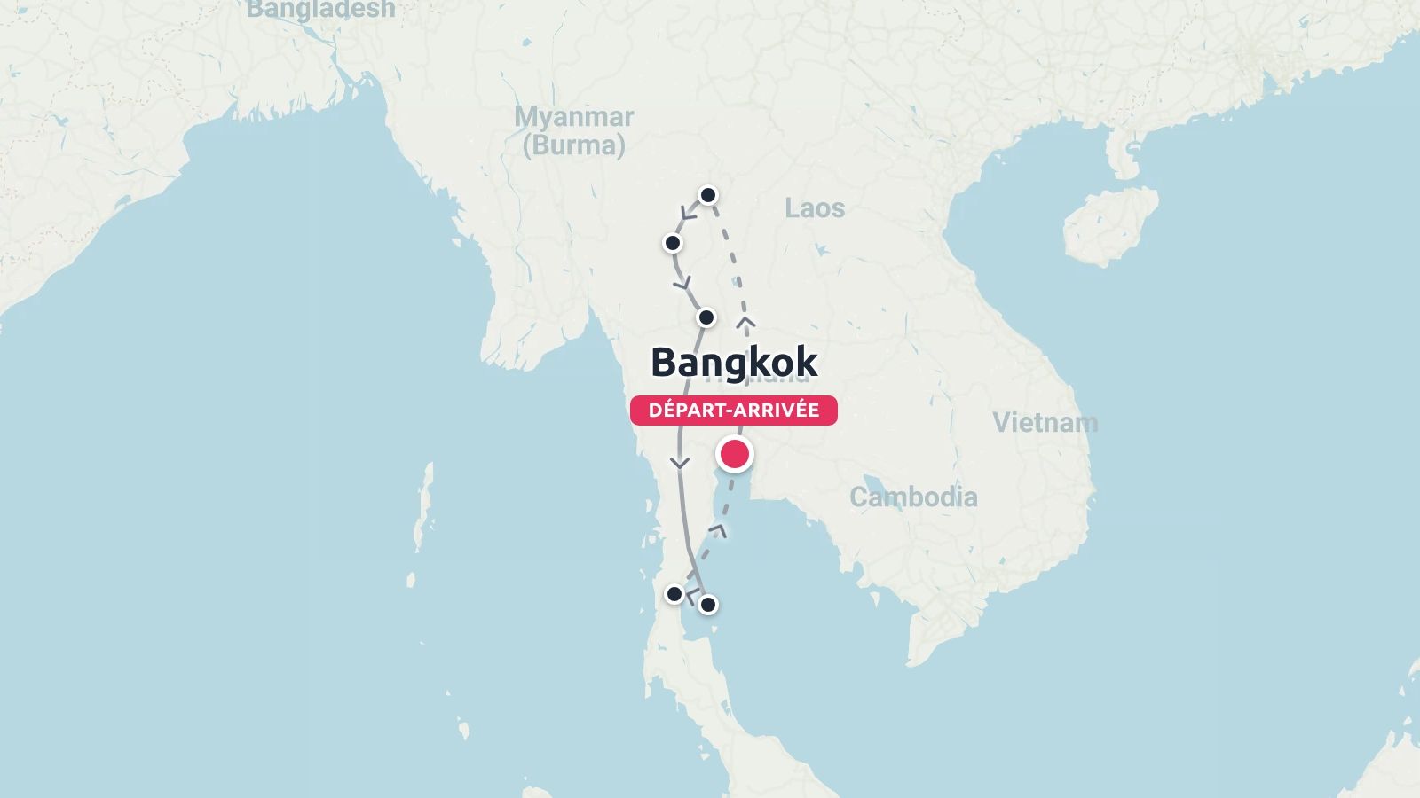 Un itinéraire de voyage à travers la Thaïlande montrant un parcours en boucle avec départ et arrivée à Bangkok