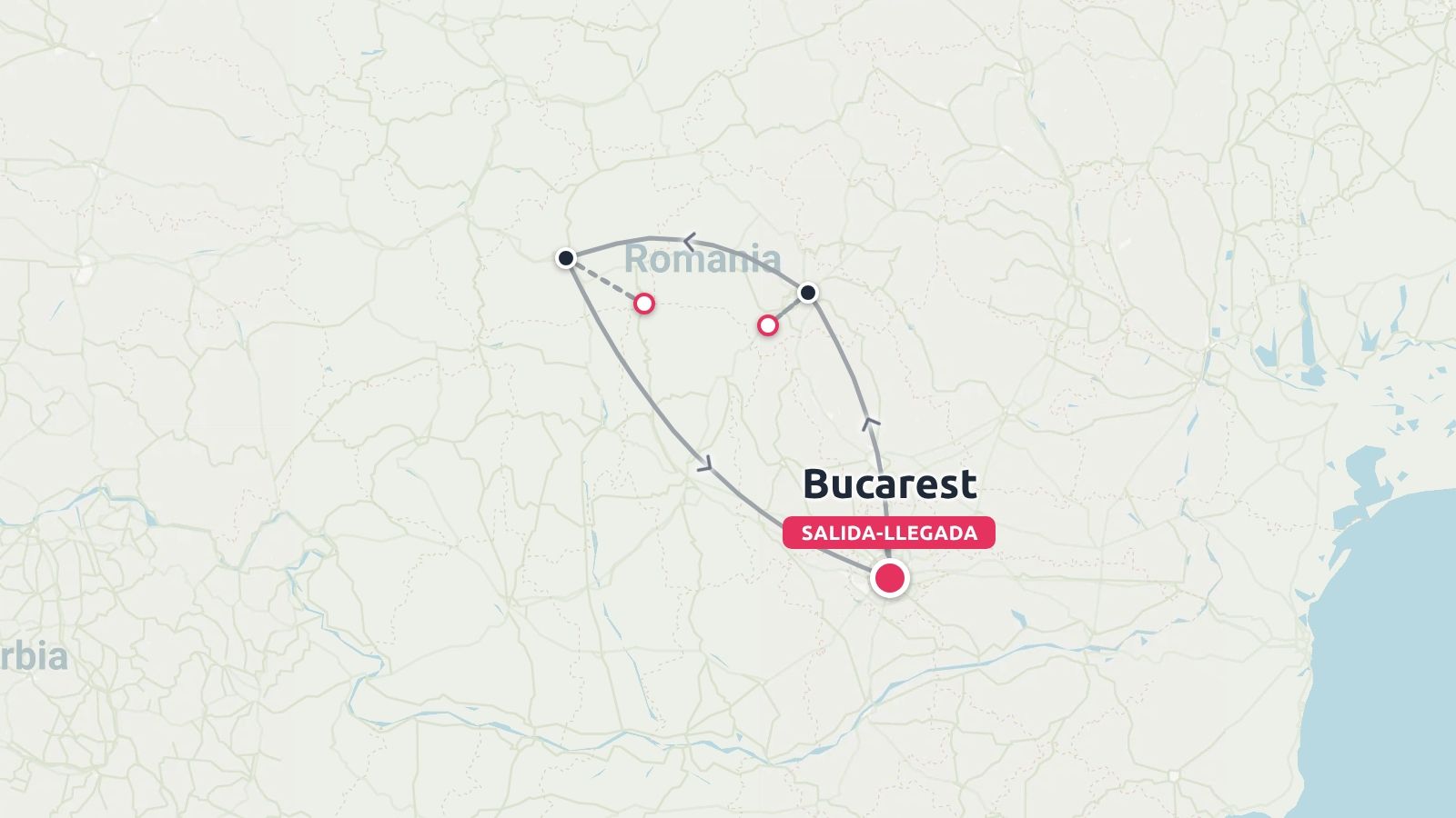 Un mapa de ruta de viaje por Rumanía que muestra un itinerario de ida y vuelta que empieza y termina en Bucarest.